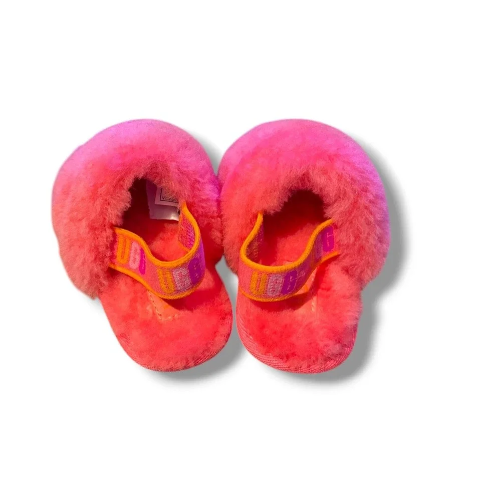 UGG Fluff Yeah Slide Sandals Toddler Size 6 Neon Pink Orange Sheepskin Slingback